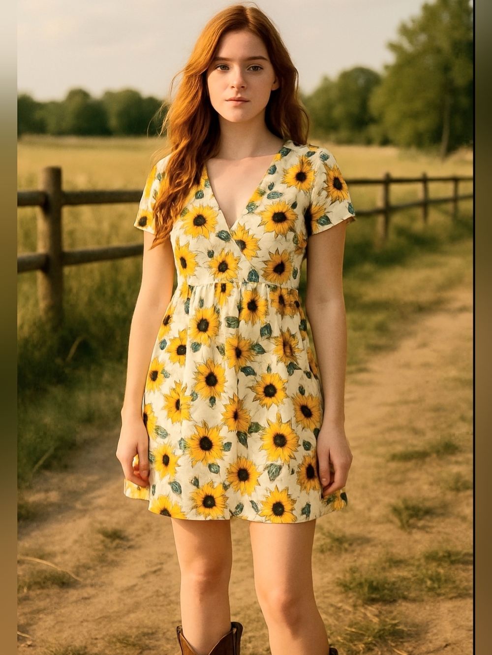Sunflower Print 100% Cotton Short Sleeve V-Neck Babydoll Mini Dress‎ XS Garden